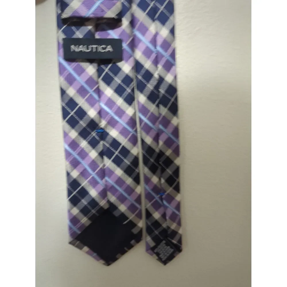 Nautica Mens Plaid Necktie Purple Navy Blue‎ White Check Polyester Tie